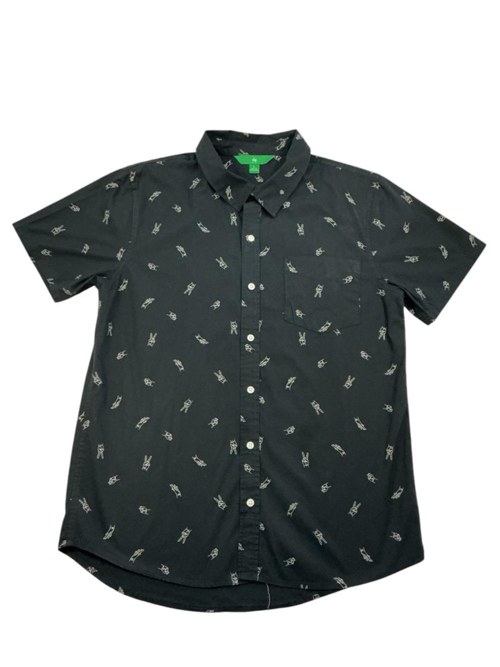 Men's Short-Sleeve Button-Up One pocket Shirt with RoShamBo print in white. NWOT